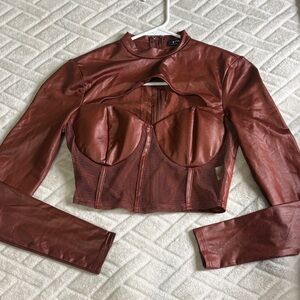 privy Rust Brown Faux Leather Cropped Bustier Jacket
